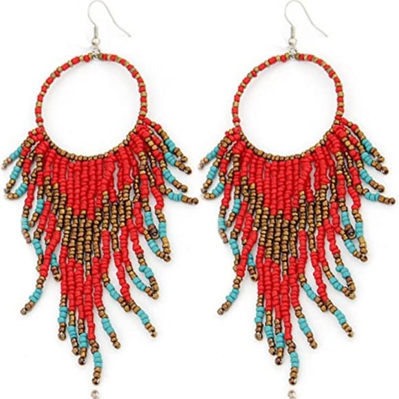 Long 5" Red Oversized Beaded Hoop Earrings New Southwestern Bohemian - Picture 2 of 4
